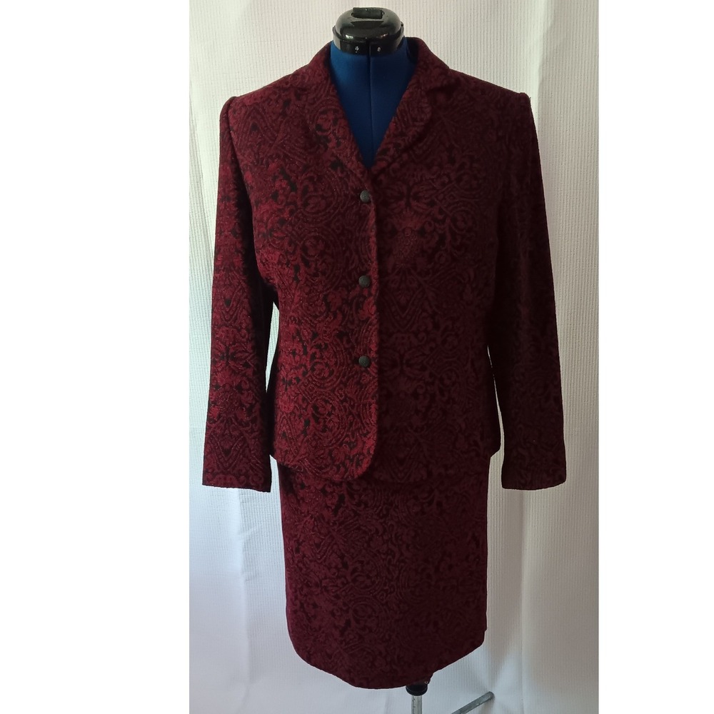 Anna Carole Burgundy Paisley Jacquard Skirt Suit Set Womens 14 Vintage Style